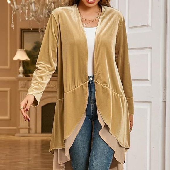 Women’s Ruffled Asymmetrical Long Velvet Open Jacket in Coffee Latte sz M NWT - Picture 1 of 6